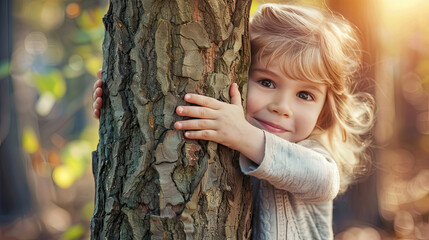 Cute little girl hugging big tree trunk during daytime.
