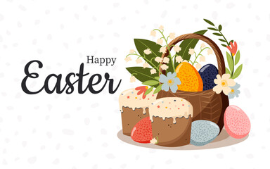 Happy Easter. Painted eggs in a basket and Easter cakes for the spring holiday. Vector.