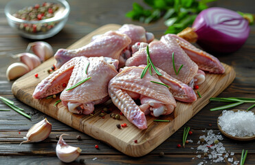 Raw chicken wings on wooden cutting board with spices and vegetables