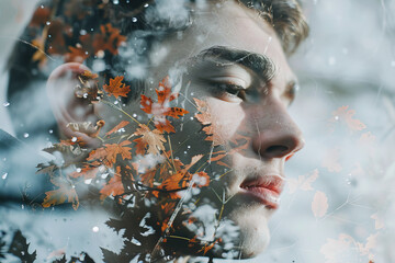 Portrait of a young man and transparency letting see a landscape of autumn and winter for the return of cold days season