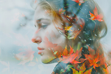 Portrait of a young woman and transparency letting see a landscape of autumn and winter for the return of cold days season