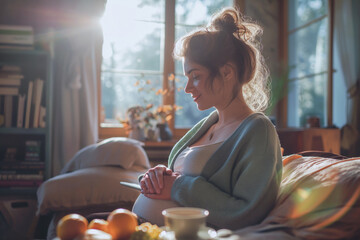 A pregnant woman enjoys a peaceful morning with a nutritious breakfast in her cozy home, prioritizing wellness and self-care.