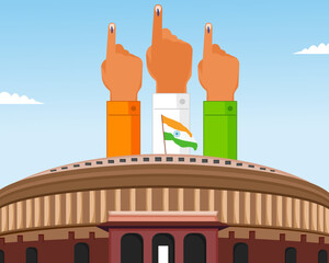 People of different showing voting finger for voting indian general election and parliament building in the background election campaign - obrazy, fototapety, plakaty
