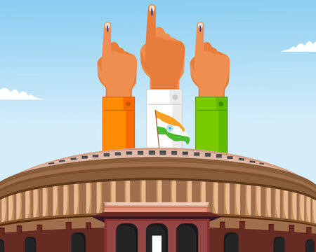 People of different showing voting finger for voting indian general election and parliament building in the background election campaign