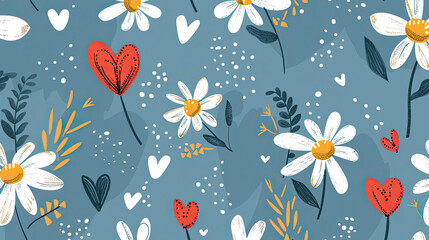 Fototapeta na wymiar Seamless patterns with daisy flower, meadow and hand drawn hearts on blue backgrounds vector illustration. Cute summer wallpaper.