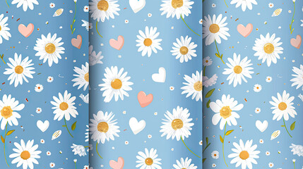 Seamless patterns with daisy flower, meadow and hand drawn hearts on blue backgrounds vector illustration. Cute summer wallpaper.