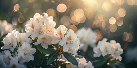 Beautiful white rhododendrons in a garden - obrazy, fototapety, plakaty
