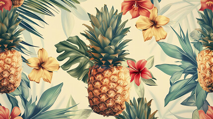 vintage seamless tropical flowers with pineapple vector pattern background. - obrazy, fototapety, plakaty