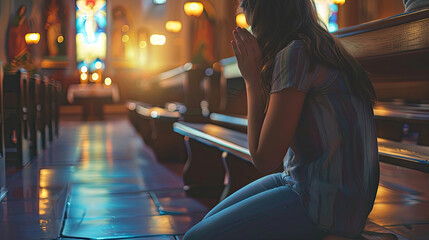 woman knee down and praying in church in the morning Christian teenager woman hand praying Hands folded in prayer on the wooden seat in the morning concept for faith, spirituality and religion. - obrazy, fototapety, plakaty