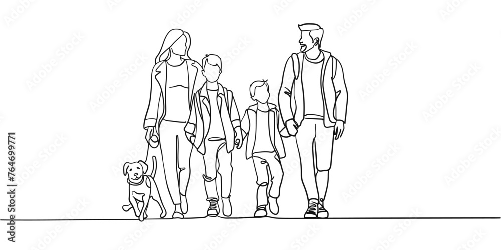 Wall mural Continuous line happy family with dog on white background. Parents walk with two sons. Line art drawing. Vector illustration 