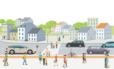 Stadtsilhouette mit Menschengruppen in der Freizeit im Wohnviertel, Illustration