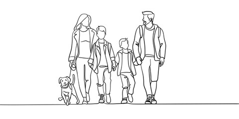 Continuous line happy family with dog on white background. Parents walk with two sons. Line art drawing. Vector illustration 