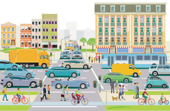 City silhouette of a city with traffic and people, illustration