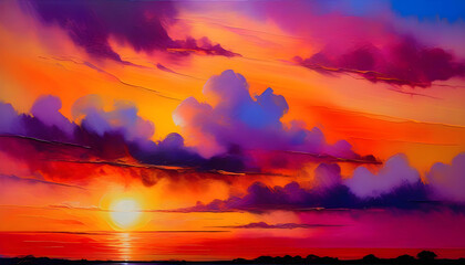 Fototapeta na wymiar A painting of a sunset with vibrant colors blending together in the sky.