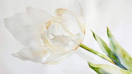 Aquarelle hand drawn white tulip. Watercolor flower on white background. Template for greeting card. Generative AI