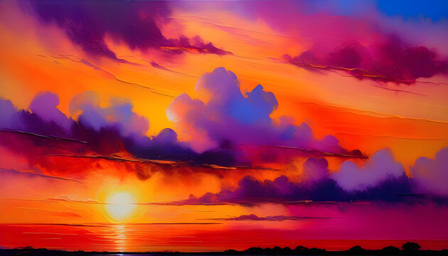 A painting of a sunset with vibrant colors blending together in the sky.
