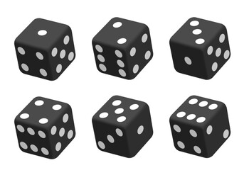Black dice with white dots. Vector set isolated on white background. 3d dice.
