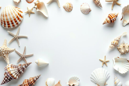 White backdrop with seashells and starfish. Summer marine layout