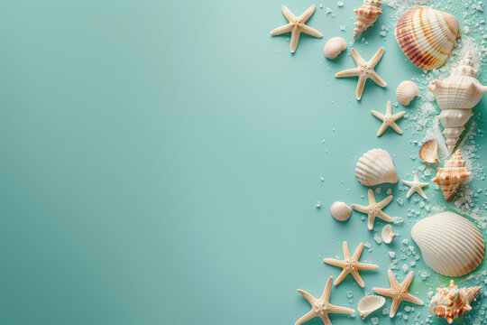 teal background with seashells and starfish. Summer marine layout