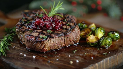 Fototapeten Grilled steak topped with cranberry sauce and brussels sprouts on a board. © SashaMagic