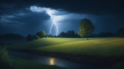 A thunderstorm at night, lightning illuminates a valley with thickets of wild grass and trees
