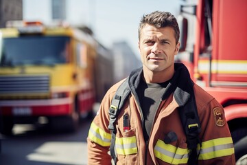 firefighter in action, firefighter in a fire zone in full firefighting clothing. International Fireman's Day