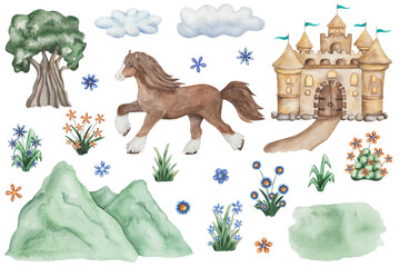 Watercolor set of illustrations. Hand painted brown running horse Clydesdale. Mare, stallion. Green mountain, grass, flowers, clouds, tree. Palace, castle, mansion. Isolated nature, animal clip art © Olga Sidelnikova