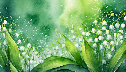 Grunge background with hand drawn lilies of the valley on watercolor paper, on the right side there is a place for dough, white background, for wedding invitations and cards - obrazy, fototapety, plakaty