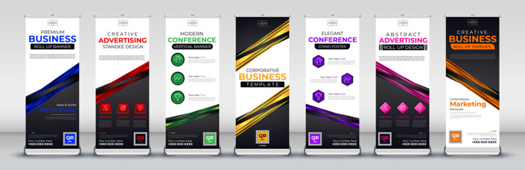 business roll up banner for events, meetings, presentations in blue, red, green, yellow, purple, pink and orange colours - obrazy, fototapety, plakaty
