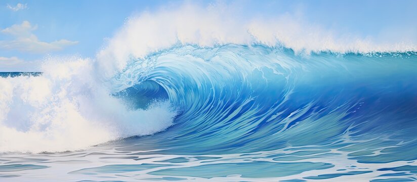 A beautiful painting depicting a majestic wave in the ocean with vibrant shades of blue and white, capturing the motion and power of the sea