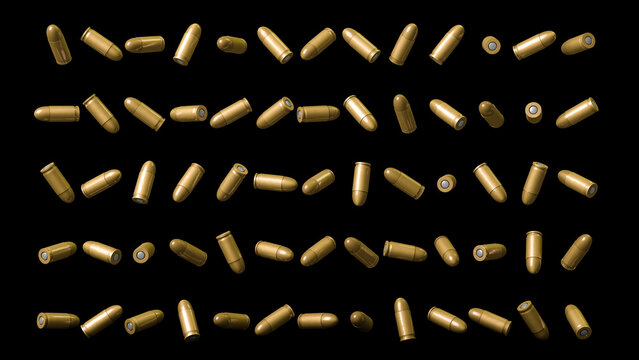 3D Rendering, Realistic mock up of bullets falling, isolated on black background.