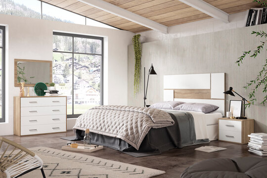 Interior design of a double bedroom with minimalist trend furniture, vintage style, augmented reality, mockup,