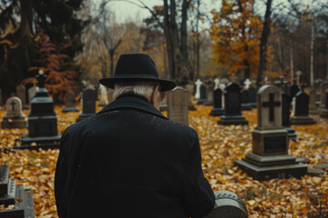Sad senior man grieving his loss on a cemetery. Lonely widowed husband by the headstone of his spouse.
