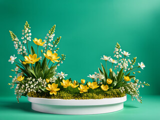 Green Spring Flower Display Background, product platform scene display, product platform scene display, spring podium, beautiful spring flowers, colourful spring mock up, abstract studio pedestal, ad