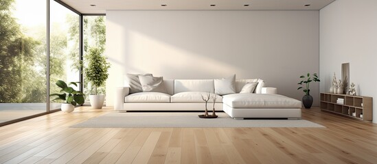 Modern living room featuring a white couch set on a wooden floor, creating a stylish and inviting atmosphere - obrazy, fototapety, plakaty