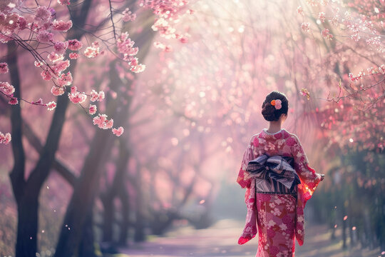 Beautiful Asian woman wearing traditional Japanese kimono on a nice spring day, enjoying cherry blossom season in Japan.