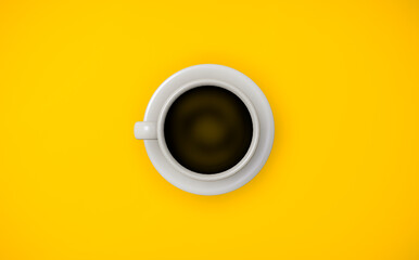 3D Rendering, Close up Cup of coffee, isolated yellow color background.