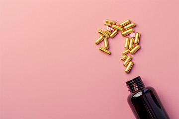 Flat lay yellow vitamin d3 pills spilled from dark jar in the shape of a question mark on pink background. Copy space for text - obrazy, fototapety, plakaty
