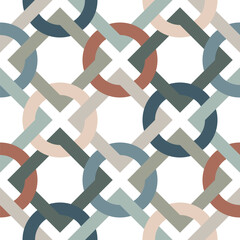 Simple and elegant geometric composition with interlocking squares and rings on a white background. Abstract design in retro style with vintage colors. Seamless repeating pattern.