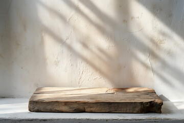 Empty rustic wooden board on a stucco wall with botanical shadows. Background for product display.