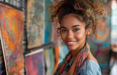 Young woman smiles in front of her paintings.