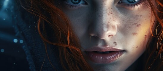 A portrait of a woman with vibrant red hair and striking blue eyes, showcasing her unique features - obrazy, fototapety, plakaty