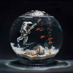 Astronaut encapsulated within transparent sphere, surrounded by rocks. Astronaut appears to be floating, offering surreal, otherworldly visual experience that blurs lines between reality and fantasy - 764701554