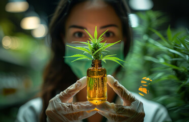 Scientist holds cannabis plant in bottle.