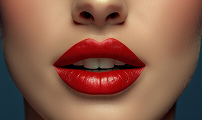 Woman is wearing red lipstick and her lips are painted bright red.