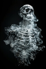 Human skeleton covered and surrounded by grey smoke on black background. 