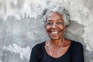 Beautiful African American mature woman 60, 70 years old smiling on gray background