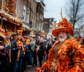 A man with a beard is dressed in an orange costume and matching hat, standing out against the sky at a public event. Dutch event Kings day National holiday Koningsdag on 27 April in the Netherlands - 764701934