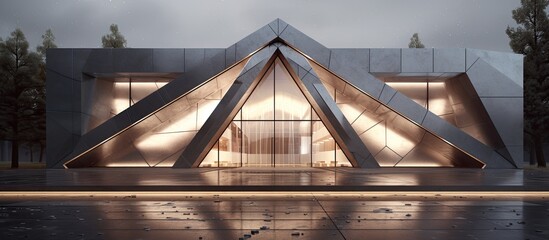 A modern building featuring a unique triangular shape and a transparent glass door entrance