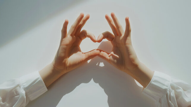 Close-up of two hands intertwined in the shape of heart, on light clean background. Love concept. Generative AI